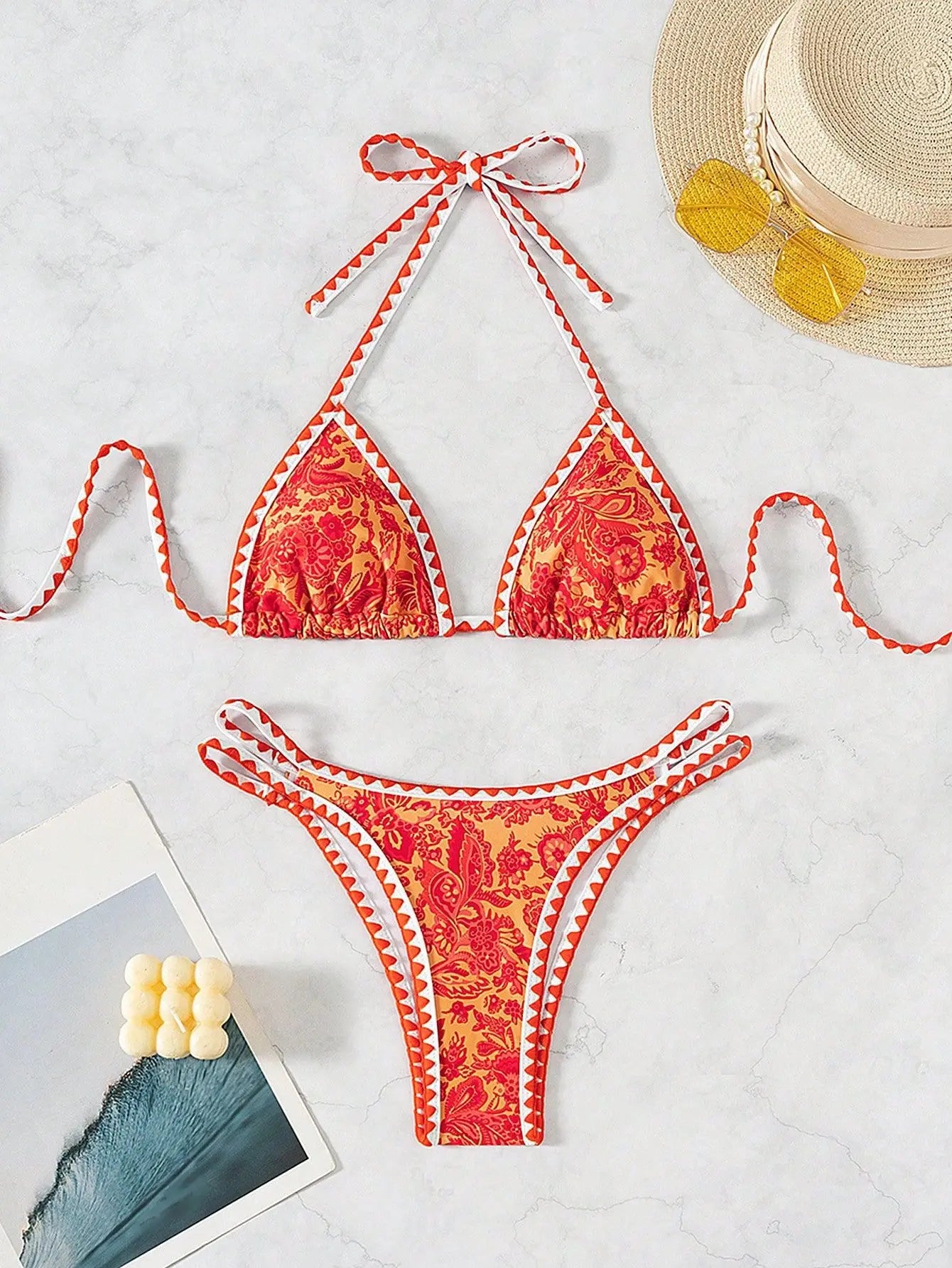 Pink Floral Print Micro Bikini Halter Push Up Bra Hollow Out Thong Swimwear Bathing Suit Holiday Swimsuit