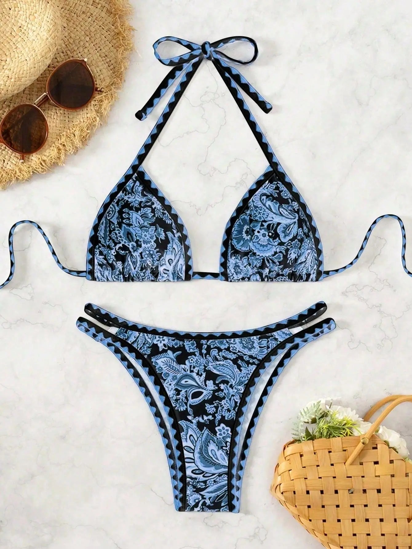 Pink Floral Print Micro Bikini Halter Push Up Bra Hollow Out Thong Swimwear Bathing Suit Holiday Swimsuit