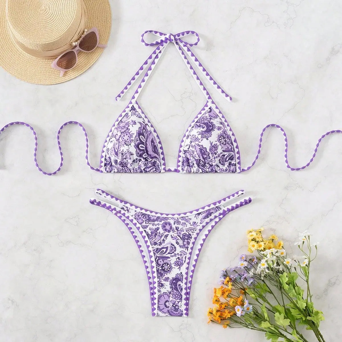 Pink Floral Print Micro Bikini Halter Push Up Bra Hollow Out Thong Swimwear Bathing Suit Holiday Swimsuit