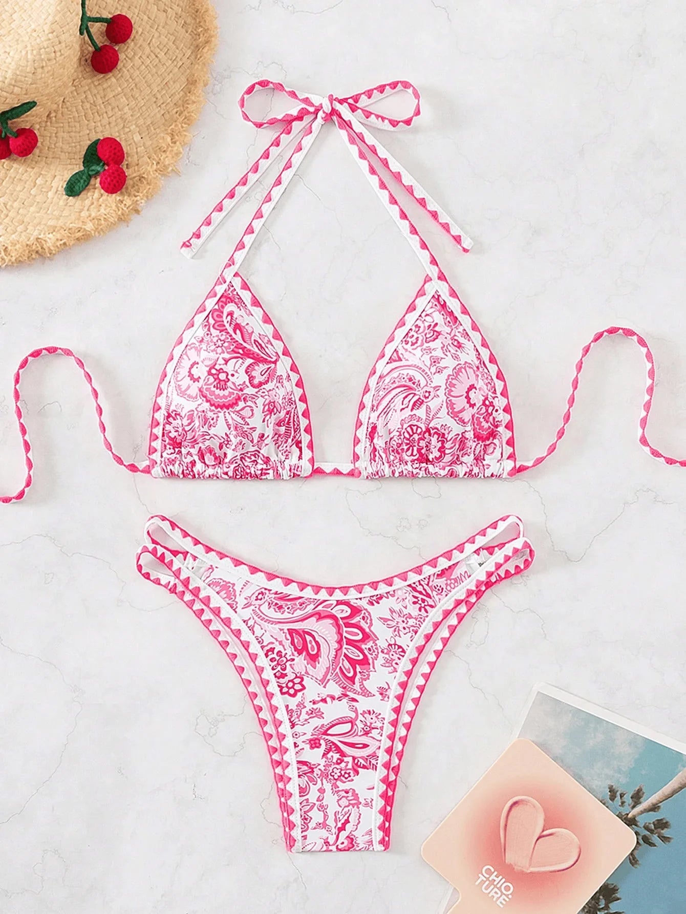 Pink Floral Print Micro Bikini Halter Push Up Bra Hollow Out Thong Swimwear Bathing Suit Holiday Swimsuit