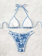 Pink Floral Print Micro Bikini Halter Push Up Bra Hollow Out Thong Swimwear Bathing Suit Holiday Swimsuit