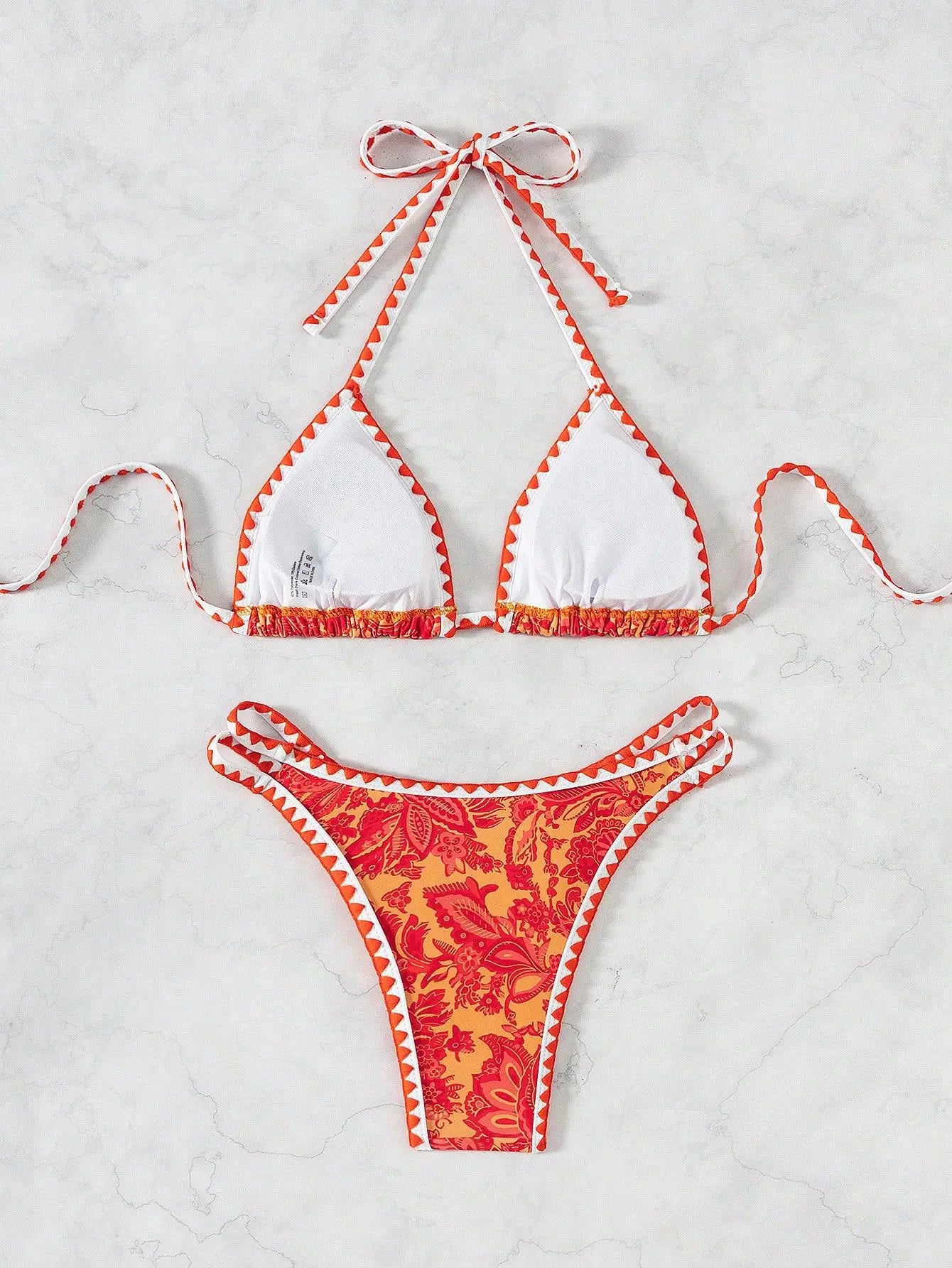 Pink Floral Print Micro Bikini Halter Push Up Bra Hollow Out Thong Swimwear Bathing Suit Holiday Swimsuit