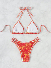 Pink Floral Print Micro Bikini Halter Push Up Bra Hollow Out Thong Swimwear Bathing Suit Holiday Swimsuit