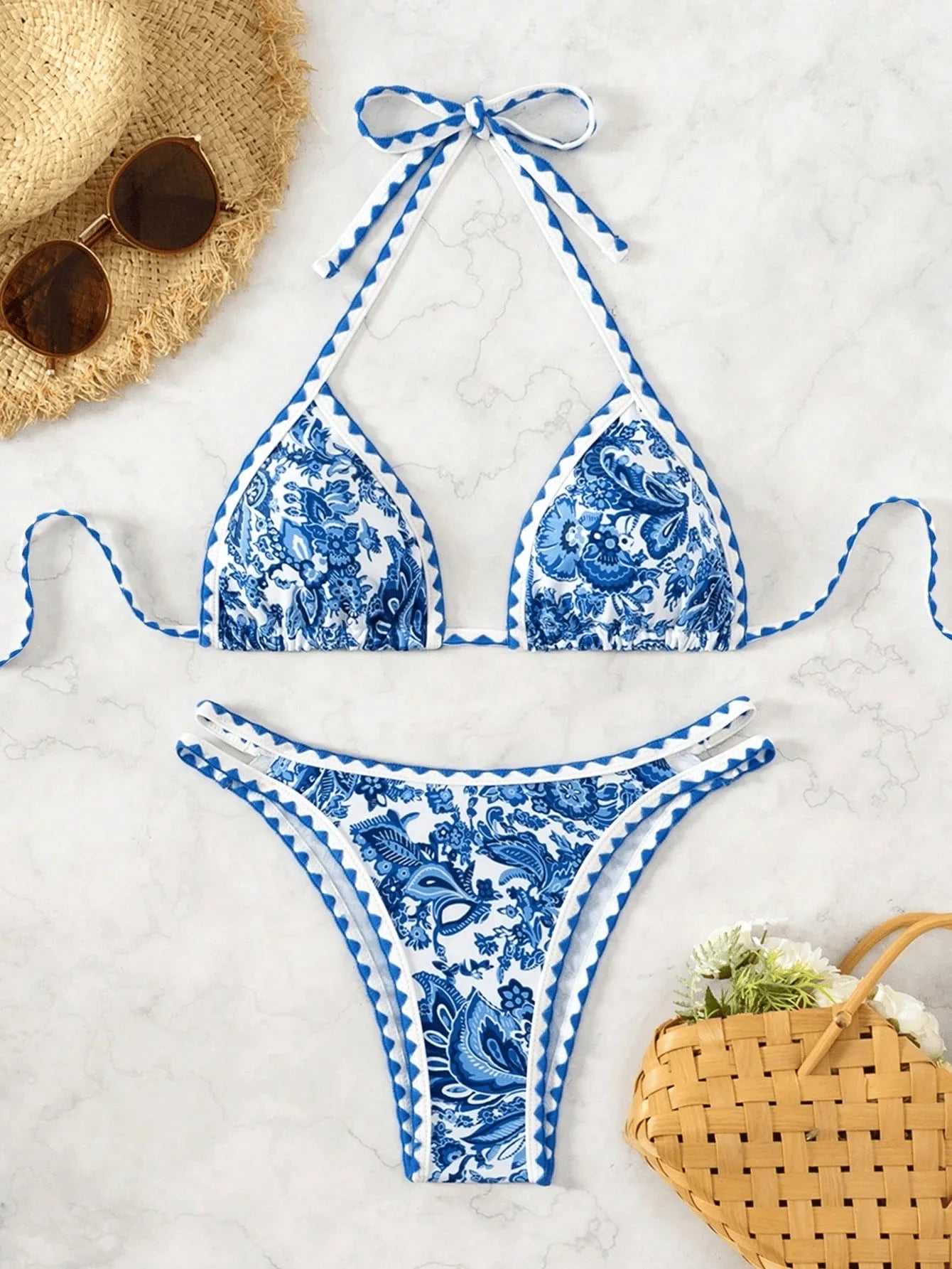 Pink Floral Print Micro Bikini Halter Push Up Bra Hollow Out Thong Swimwear Bathing Suit Holiday Swimsuit