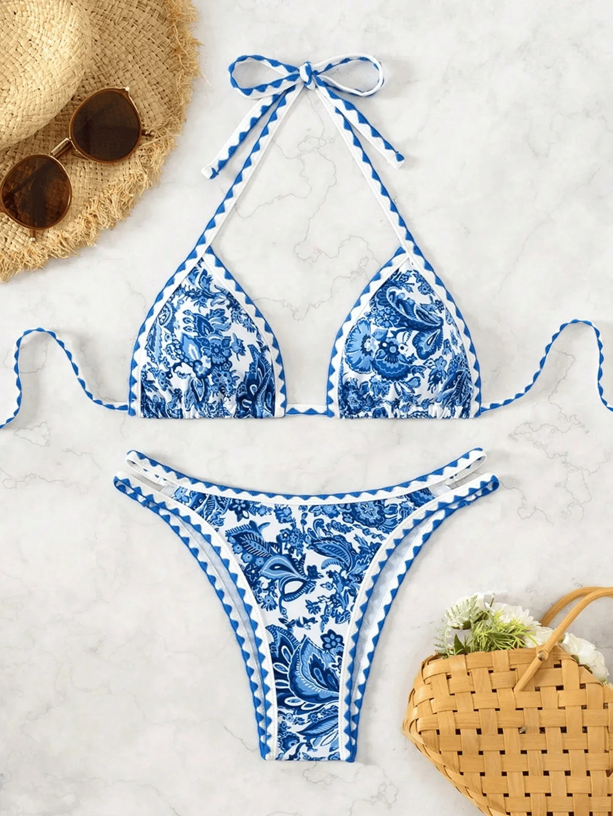 Pink Floral Print Micro Bikini Halter Push Up Bra Hollow Out Thong Swimwear Bathing Suit Holiday Swimsuit