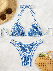 Pink Floral Print Micro Bikini Halter Push Up Bra Hollow Out Thong Swimwear Bathing Suit Holiday Swimsuit
