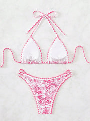 Pink Floral Print Micro Bikini Halter Push Up Bra Hollow Out Thong Swimwear Bathing Suit Holiday Swimsuit