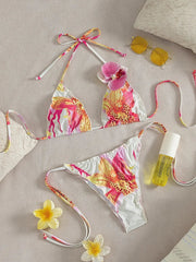 Pink Floral Print Micro Bikini 3D Flower Push Up Bra Tie Side Thong Swimsuit Beach Bathing Suit