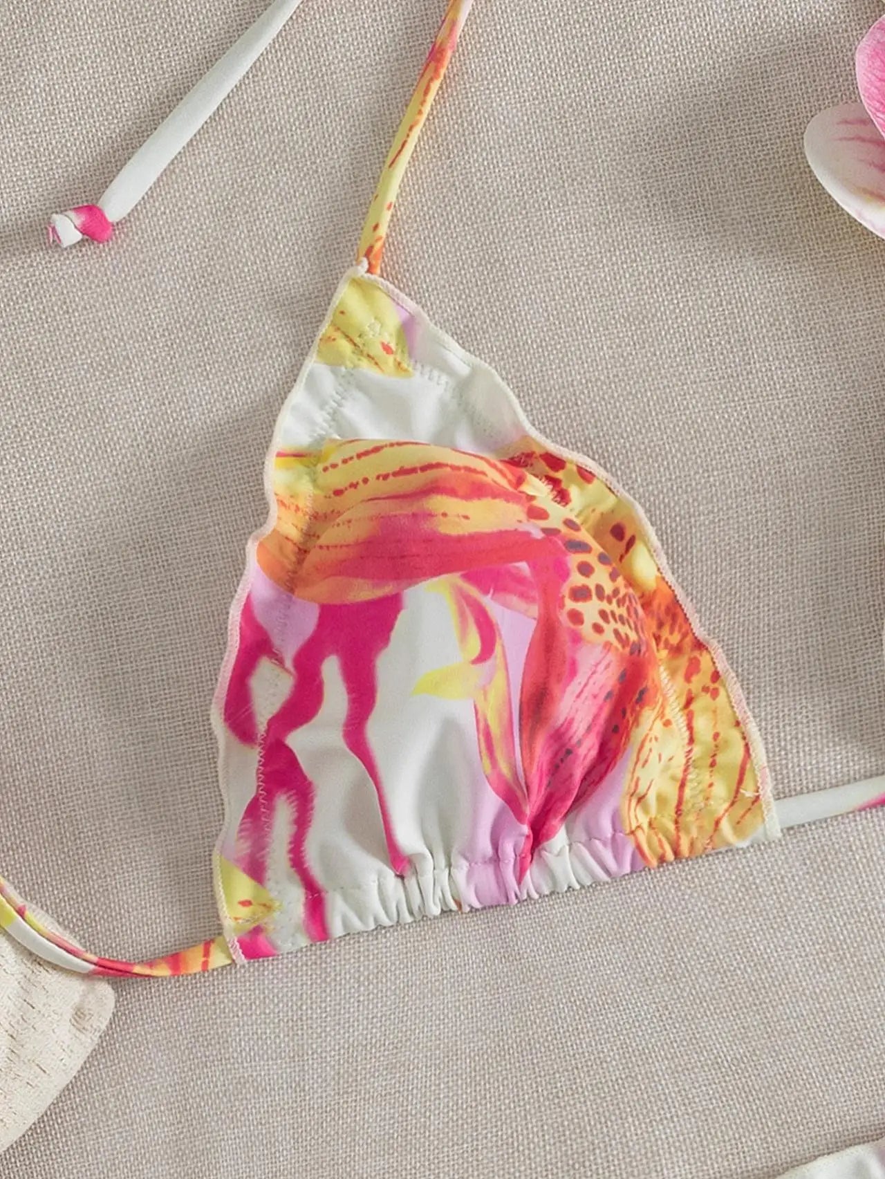 Pink Floral Print Micro Bikini 3D Flower Push Up Bra Tie Side Thong Swimsuit Beach Bathing Suit