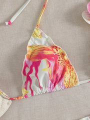 Pink Floral Print Micro Bikini 3D Flower Push Up Bra Tie Side Thong Swimsuit Beach Bathing Suit