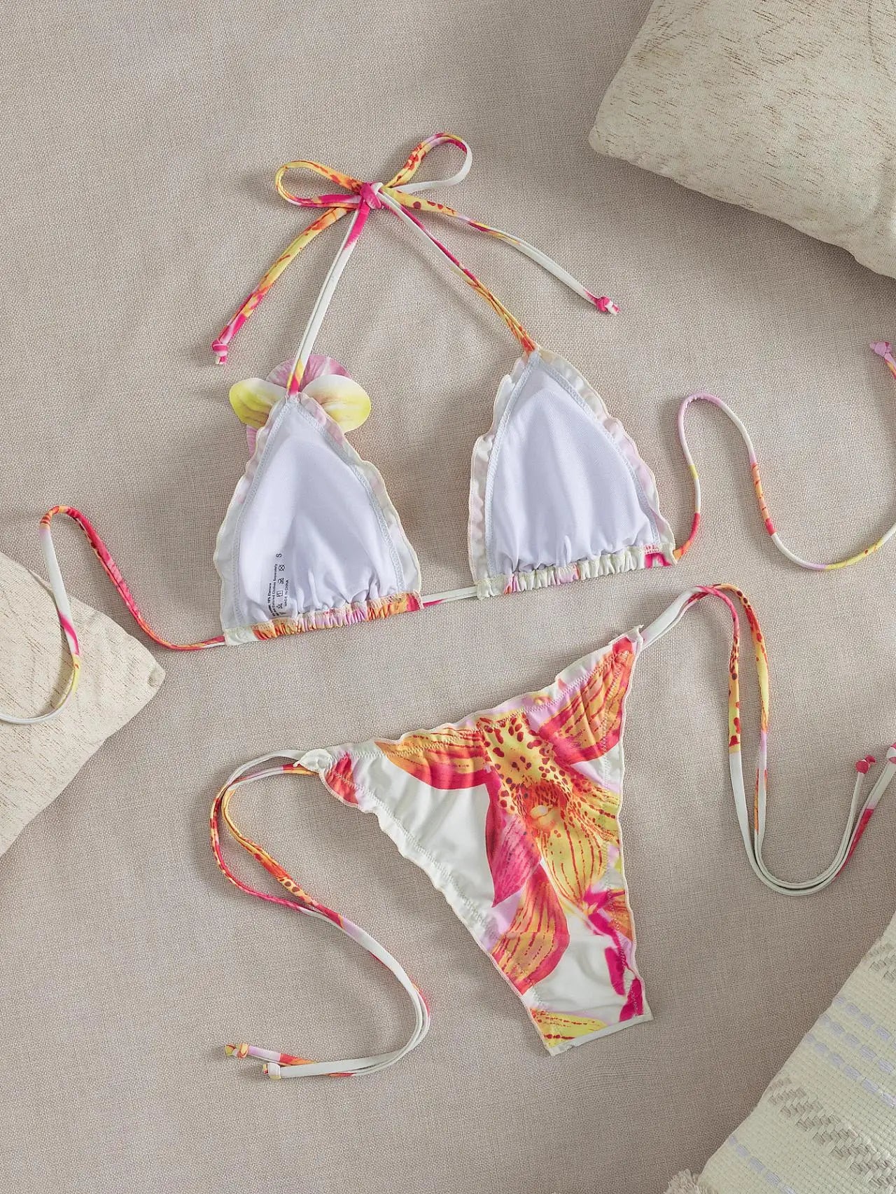 Pink Floral Print Micro Bikini 3D Flower Push Up Bra Tie Side Thong Swimsuit Beach Bathing Suit