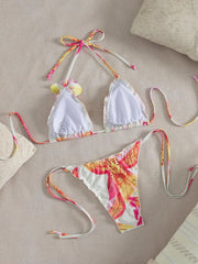 Pink Floral Print Micro Bikini 3D Flower Push Up Bra Tie Side Thong Swimsuit Beach Bathing Suit