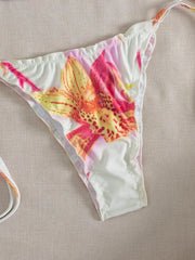 Pink Floral Print Micro Bikini 3D Flower Push Up Bra Tie Side Thong Swimsuit Beach Bathing Suit
