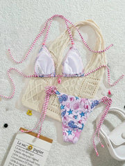 Pink Floral Print Micro Bikini Diamond Ornament Push Up Thong Swimsuit Beach Bathing Suit Pool Swimwear