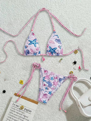 Pink Floral Print Micro Bikini Diamond Ornament Push Up Thong Swimsuit Beach Bathing Suit Pool Swimwear