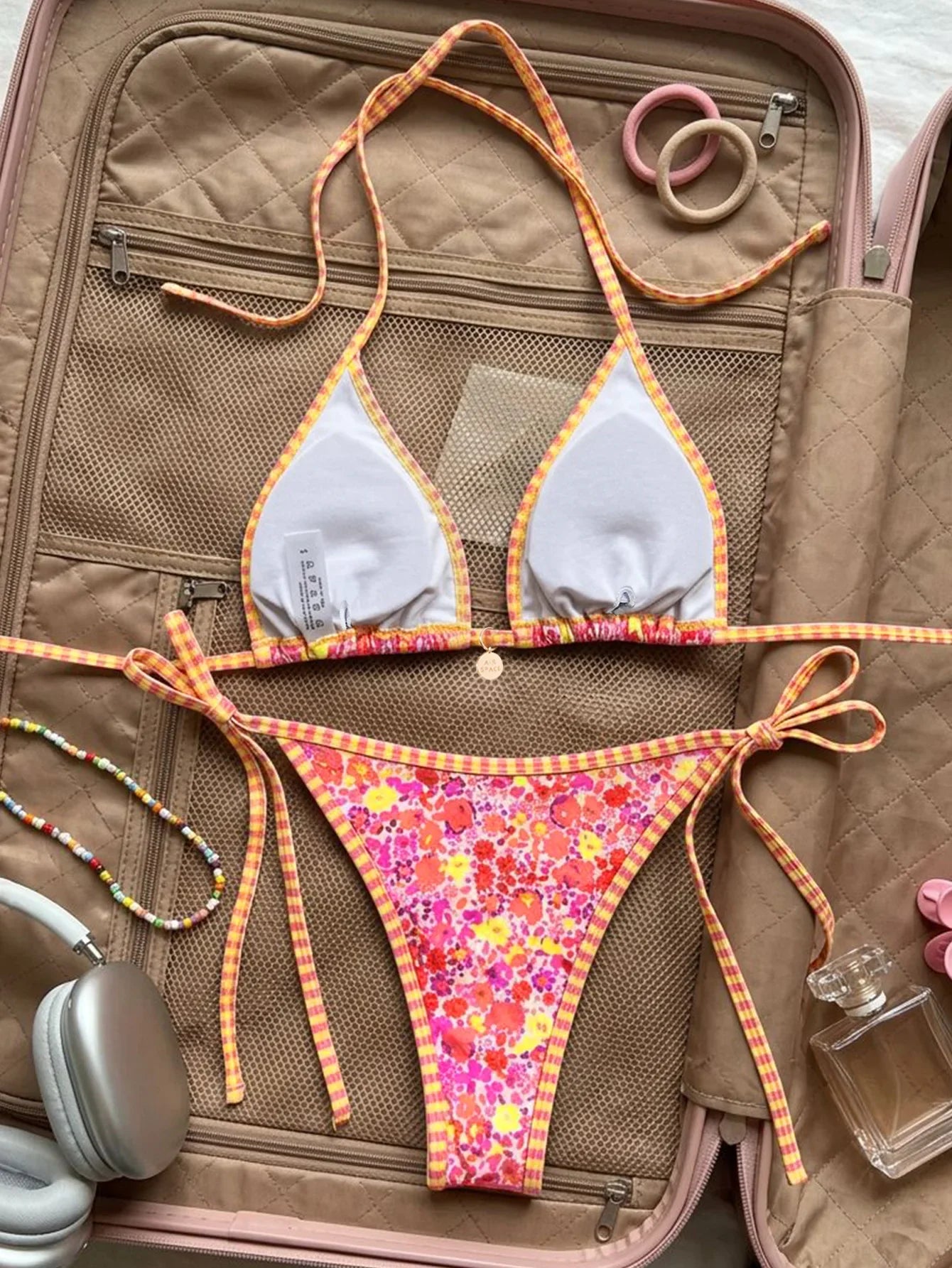 Pink Floral Print Micro Bikini Halter Push Up Bra Tie Side Thong Swimwear Beach Bathing Suit Vacation Swimwsuit