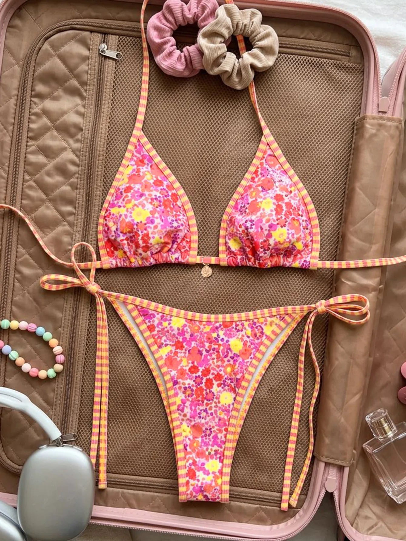 Pink Floral Print Micro Bikini Halter Push Up Bra Tie Side Thong Swimwear Beach Bathing Suit Vacation Swimwsuit