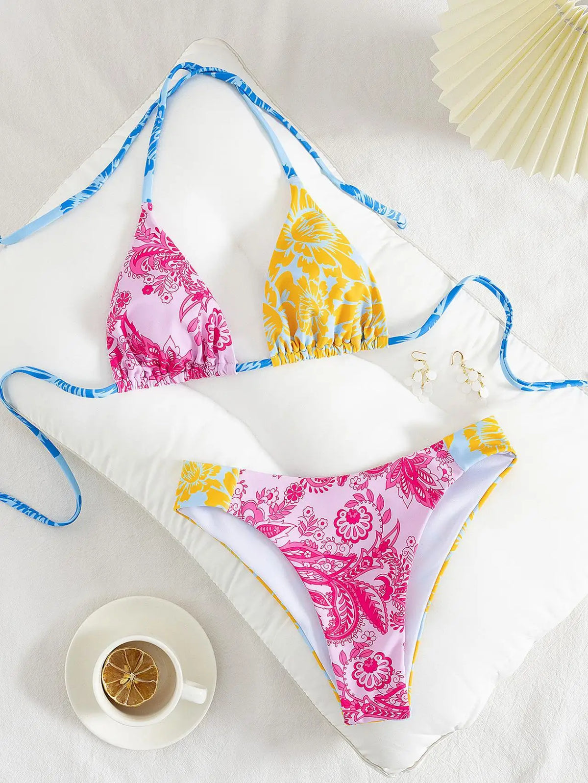 Pink Floral Print Patchwork Micro Bikini Halter Push Up Bra Thong Swimsuit Beach Holiday Bathing Suit Swimwear