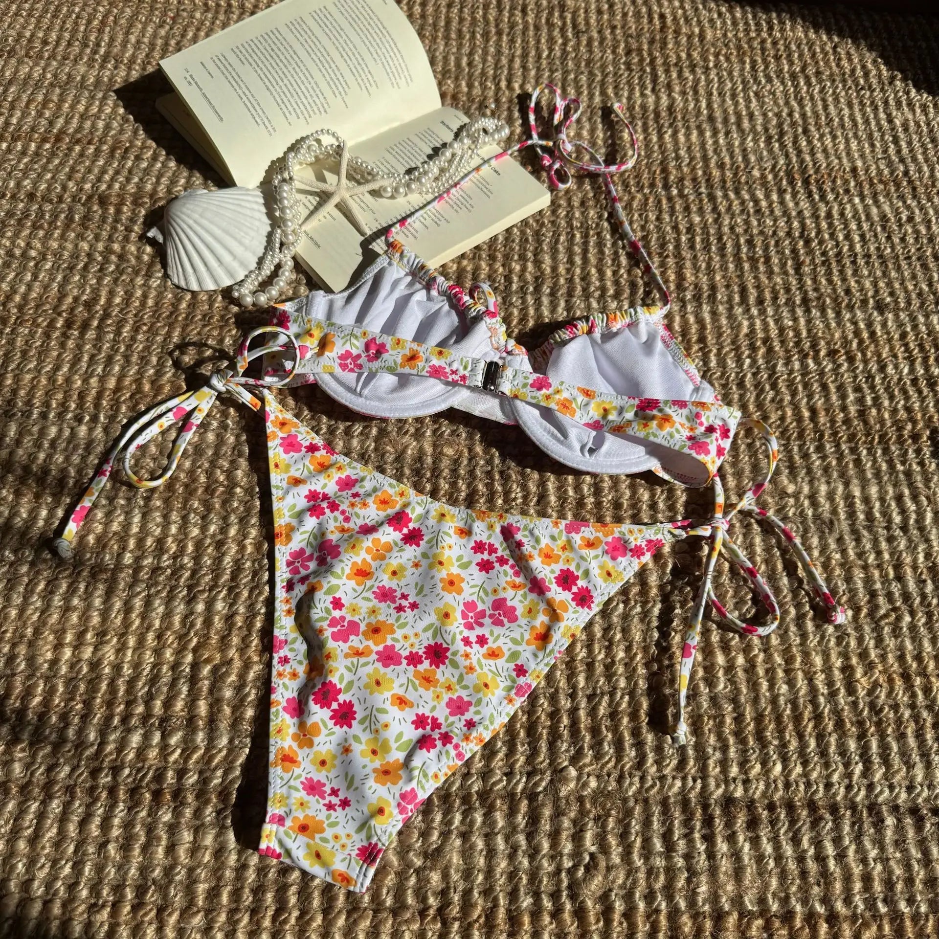 Pink Floral Print Underwire Bikini Halter Push Up Tie Side Thong Swimsuit Bathing Suit Bandage Micro Swimwear