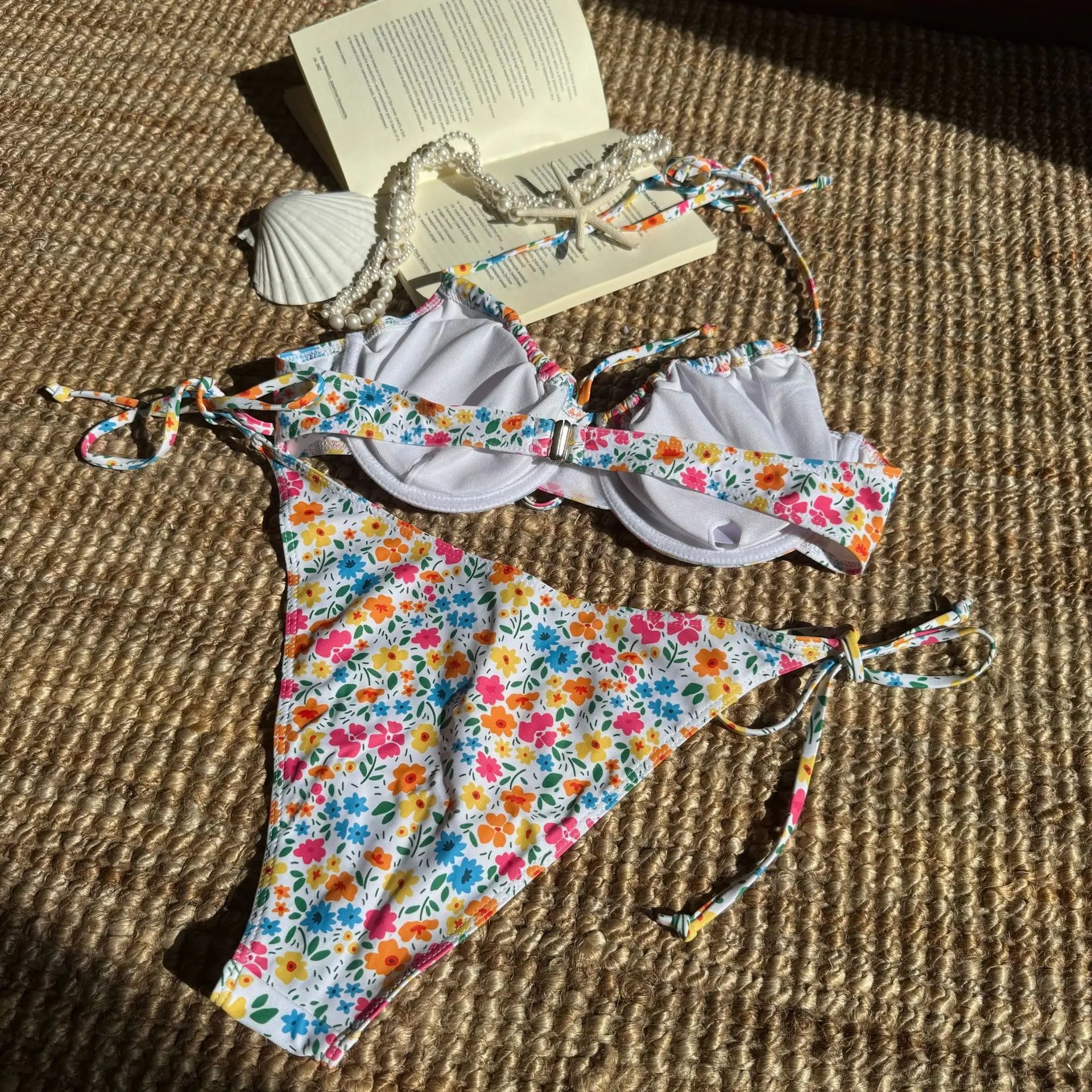 Pink Floral Print Underwire Bikini Halter Push Up Tie Side Thong Swimsuit Bathing Suit Bandage Micro Swimwear
