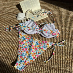 Pink Floral Print Underwire Bikini Halter Push Up Tie Side Thong Swimsuit Bathing Suit Bandage Micro Swimwear
