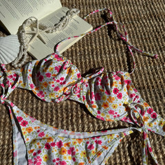 Pink Floral Print Underwire Bikini Halter Push Up Tie Side Thong Swimsuit Bathing Suit Bandage Micro Swimwear