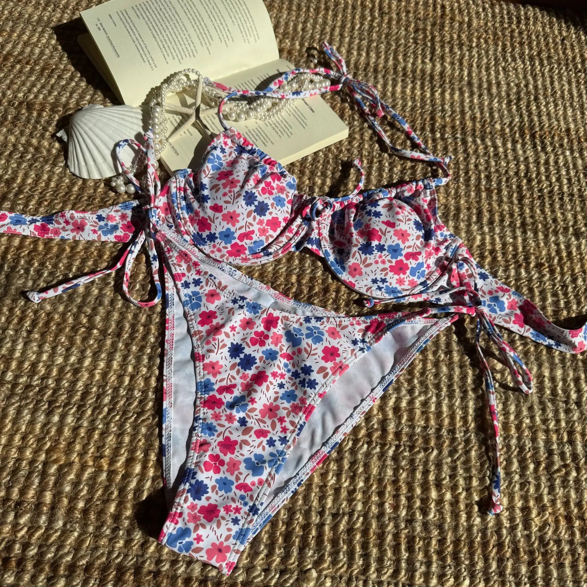 Pink Floral Print Underwire Bikini Halter Push Up Tie Side Thong Swimsuit Bathing Suit Bandage Micro Swimwear
