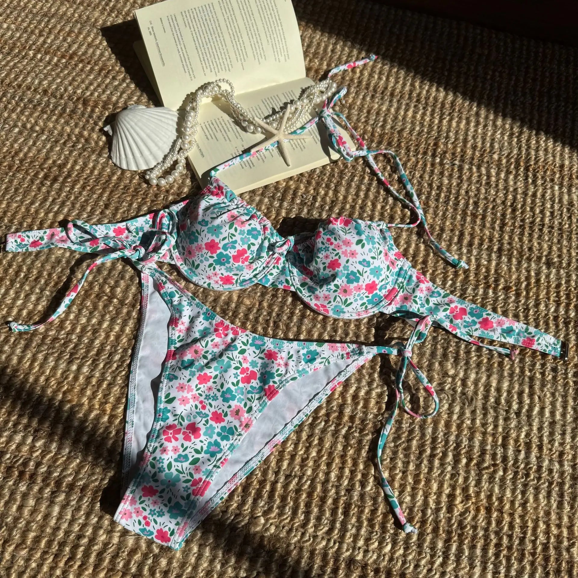 Pink Floral Print Underwire Bikini Halter Push Up Tie Side Thong Swimsuit Bathing Suit Bandage Micro Swimwear