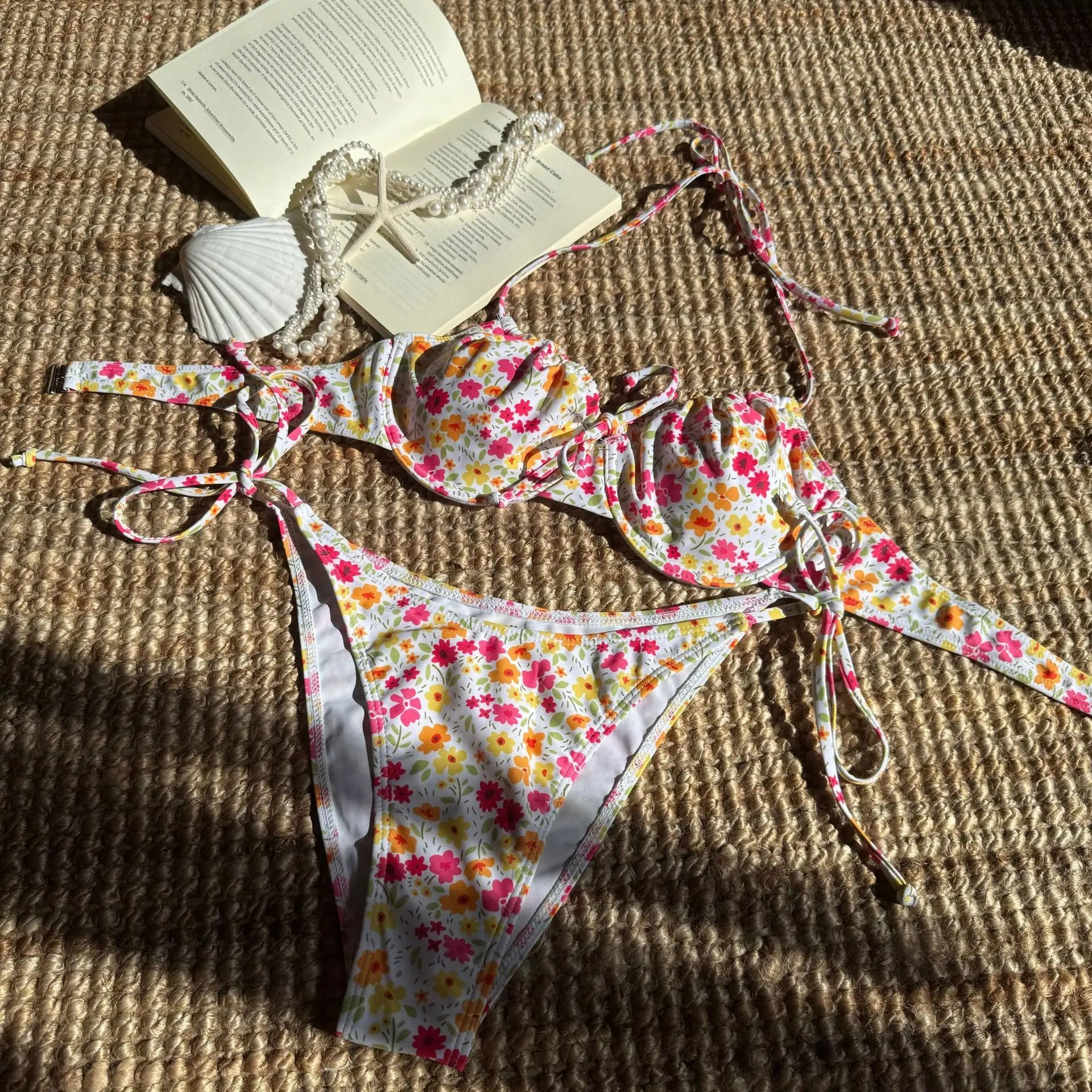 Pink Floral Print Underwire Bikini Halter Push Up Tie Side Thong Swimsuit Bathing Suit Bandage Micro Swimwear
