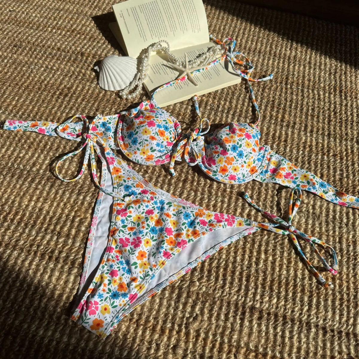 Pink Floral Print Underwire Bikini Halter Push Up Tie Side Thong Swimsuit Bathing Suit Bandage Micro Swimwear