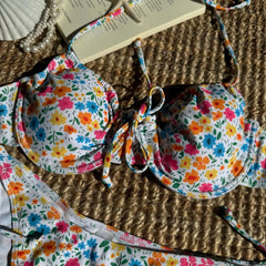 Pink Floral Print Underwire Bikini Halter Push Up Tie Side Thong Swimsuit Bathing Suit Bandage Micro Swimwear