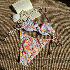 Pink Floral Print Underwire Bikini Halter Push Up Tie Side Thong Swimsuit Bathing Suit Bandage Micro Swimwear