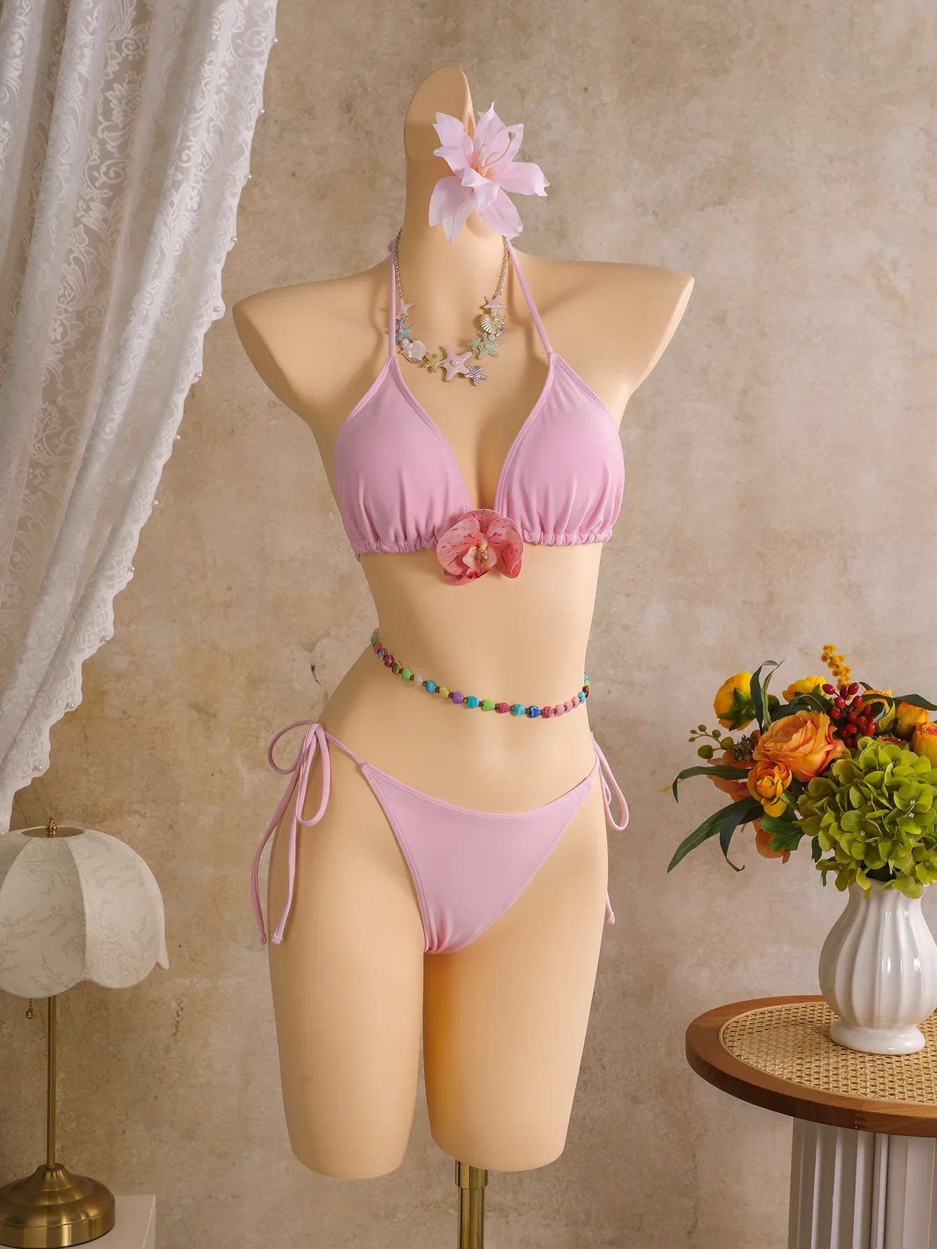 Pink Floral Tie Dye Gradient Skirt 3 Piece Bikini Set