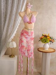 Pink Floral Tie Dye Gradient Skirt 3 Piece Bikini Set
