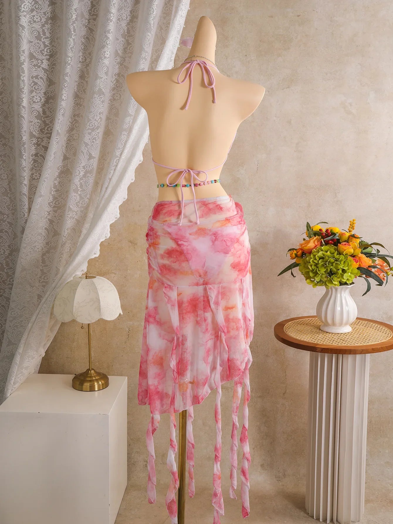Pink Floral Tie Dye Gradient Skirt 3 Piece Bikini Set