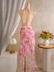 Pink Floral Tie Dye Gradient Skirt 3 Piece Bikini Set