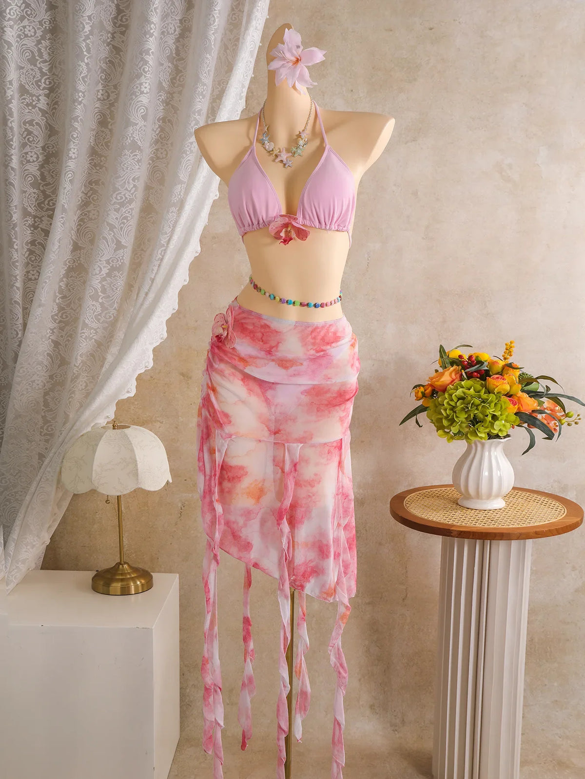 Pink Floral Tie Dye Gradient Skirt 3 Piece Bikini Set