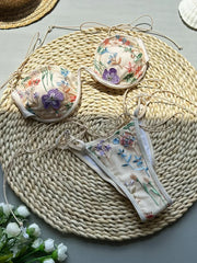 Pink Flower Embroidery Print Swimsuit Underwire Drawstring Bikini Set
