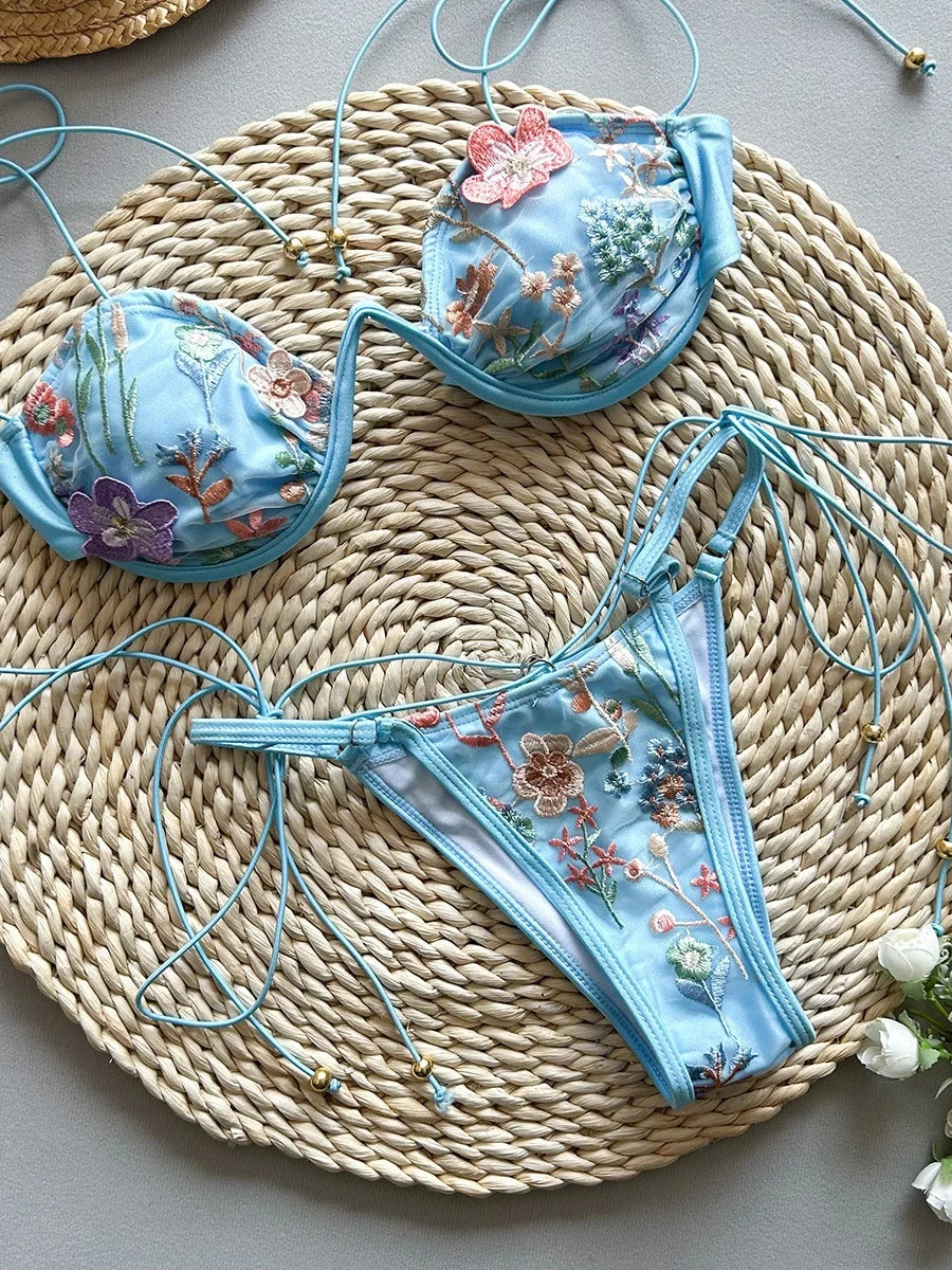 Pink Flower Embroidery Print Swimsuit Underwire Drawstring Bikini Set