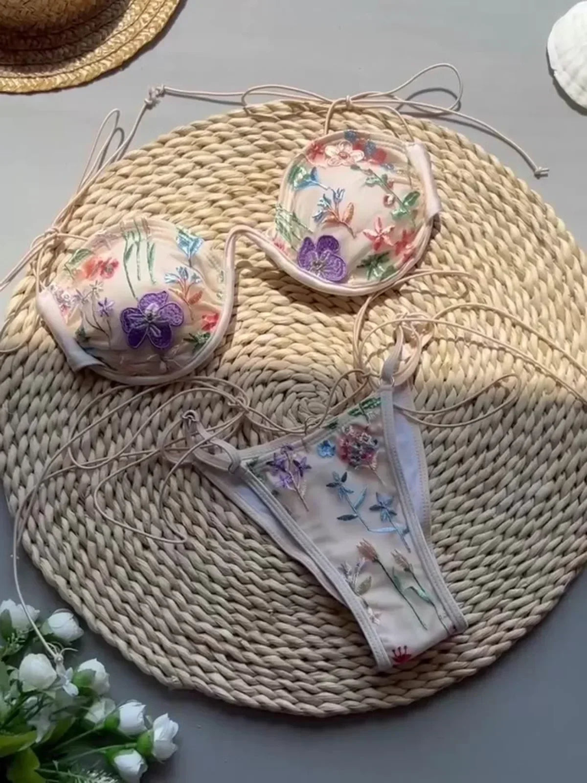 Pink Flower Embroidery Print Swimsuit Underwire Drawstring Bikini Set