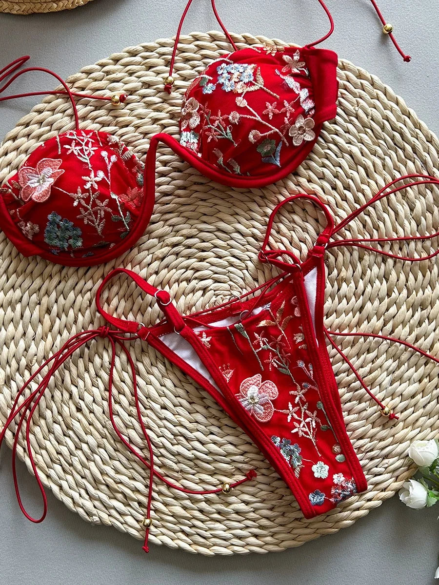 Pink Flower Embroidery Print Swimsuit Underwire Drawstring Bikini Set