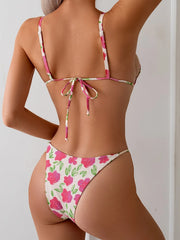 Pink Flower Print Micro Bikini Brazilian Push Up Bandage Back Triangle Swimsuit Bathing Suit Swimwear