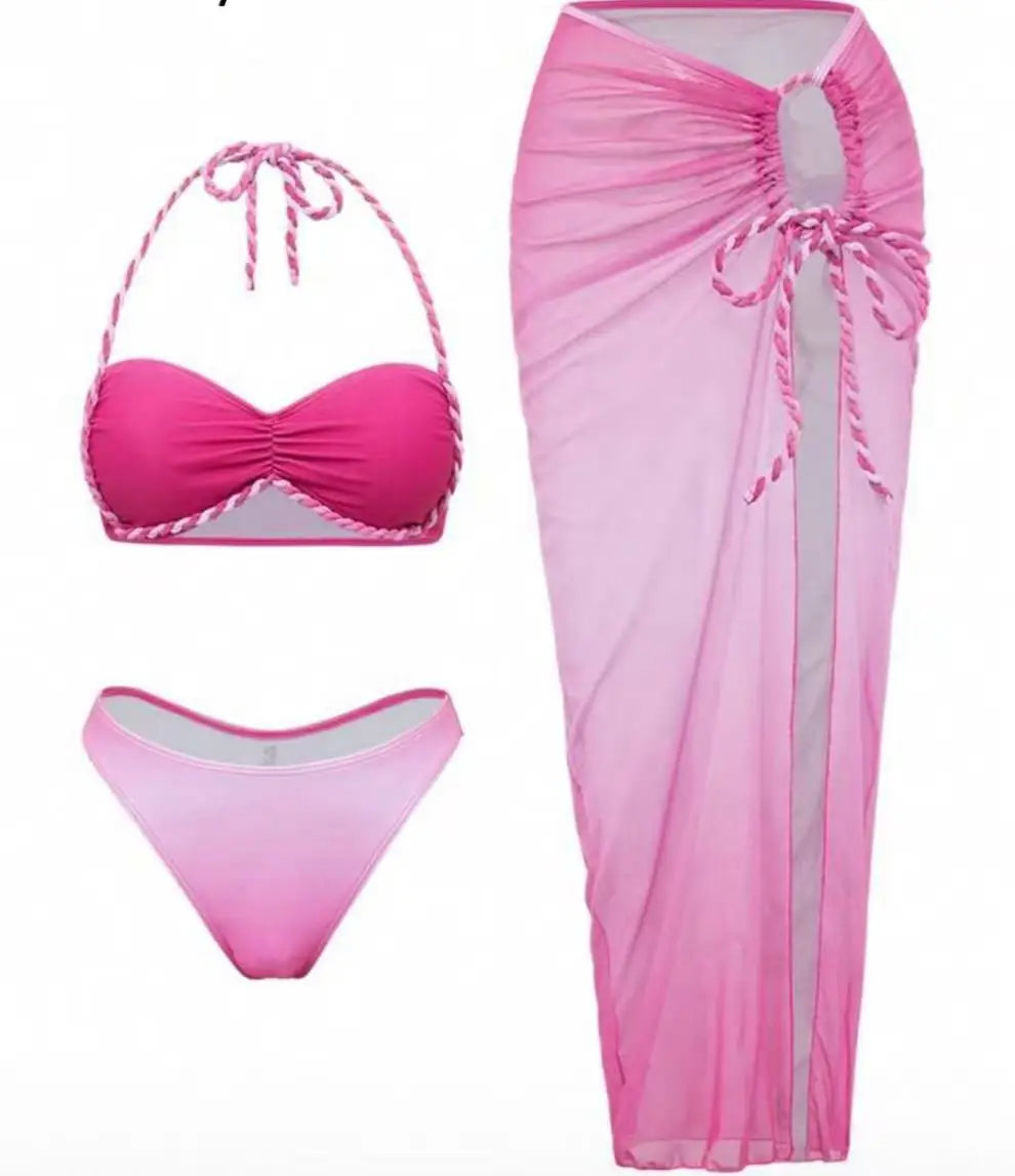 Pink Gradient Swimwear Pleate Push Up Drawstring Side Long Skirt 3 Piece Bikini Set