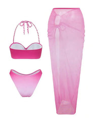 Pink Gradient Swimwear Pleate Push Up Drawstring Side Long Skirt 3 Piece Bikini Set