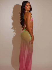 Pink Green Gradient 3 Piece Bikini Set