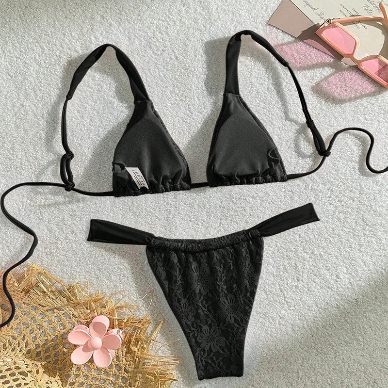 Pink Lace Bikini Halter Push Up Bra Pleate Thong Swimsuit Brazilian Bathing Suit Micro Swimwear Biquini