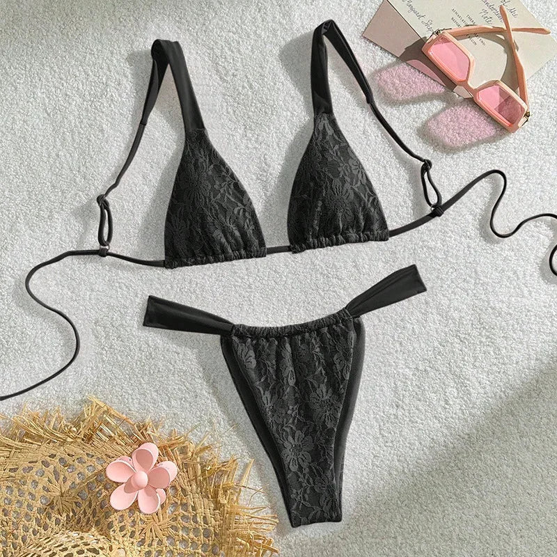 Pink Lace Bikini Halter Push Up Bra Pleate Thong Swimsuit Brazilian Bathing Suit Micro Swimwear Biquini