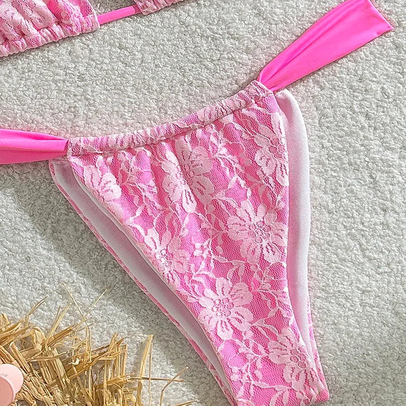Pink Lace Bikini Halter Push Up Bra Pleate Thong Swimsuit Brazilian Bathing Suit Micro Swimwear Biquini