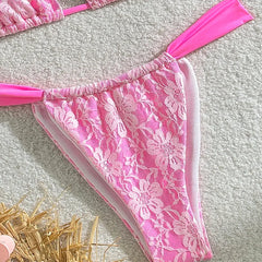 Pink Lace Bikini Halter Push Up Bra Pleate Thong Swimsuit Brazilian Bathing Suit Micro Swimwear Biquini