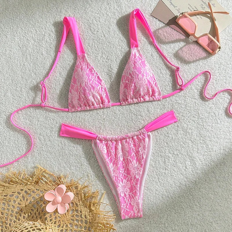 Pink Lace Bikini Halter Push Up Bra Pleate Thong Swimsuit Brazilian Bathing Suit Micro Swimwear Biquini